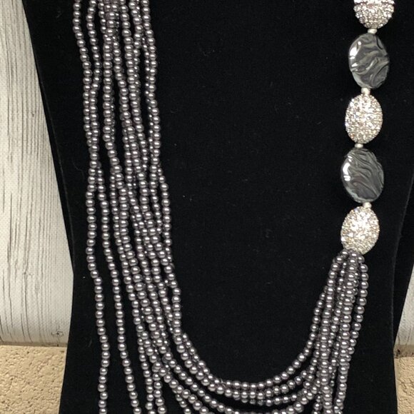 Joan Boyce Gunmetal Gray and Crystal Beaded Multi Strand Statement Necklace  ** - Picture 3 of 3